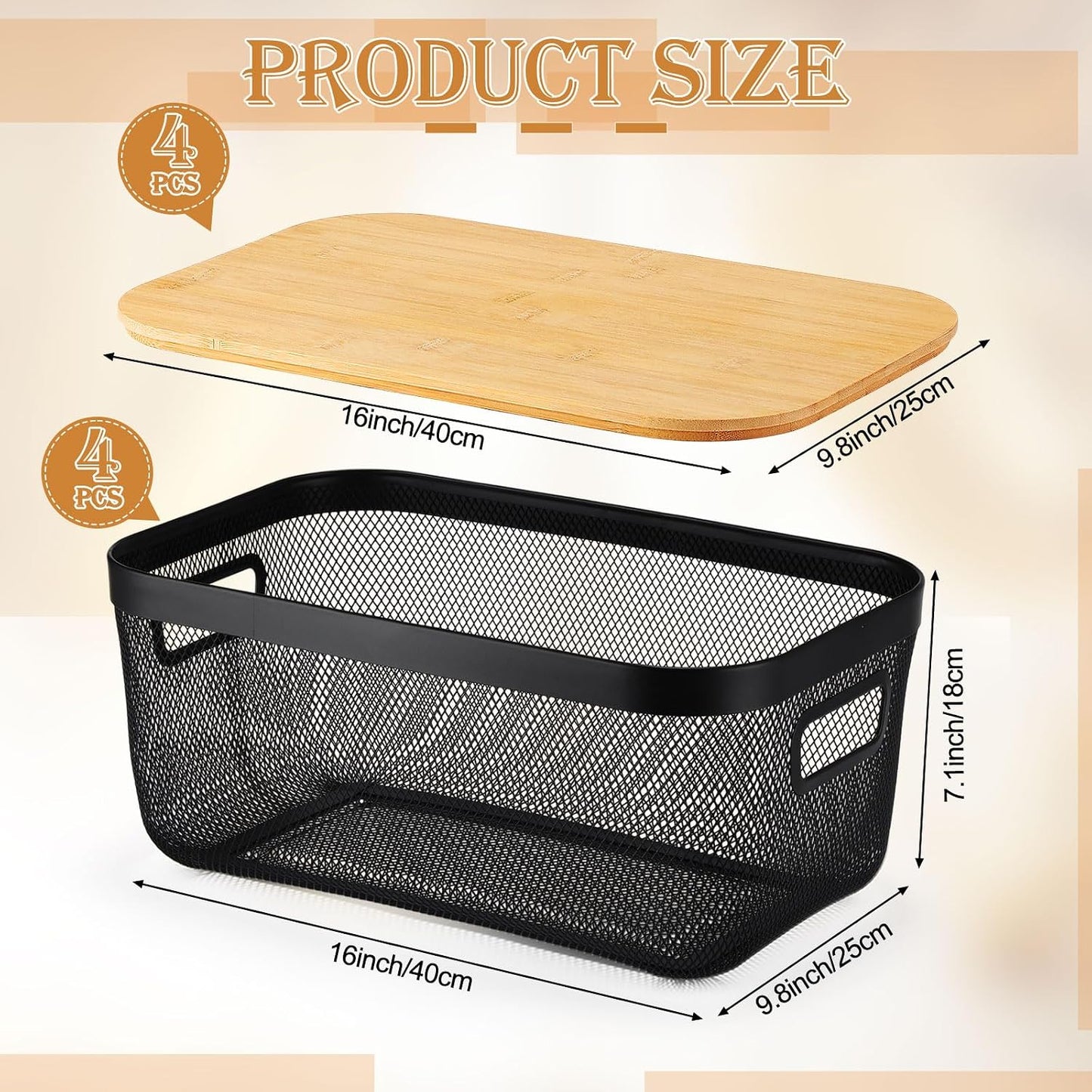 Sawysine 4 Pcs Metal Mesh Steel Basket with Handles and Bamboo Lids 16 x 9.8 '' Stackable Black Wire Basket Pantry Organization and Storage for Cabinets Shelves Kitchen Harvest