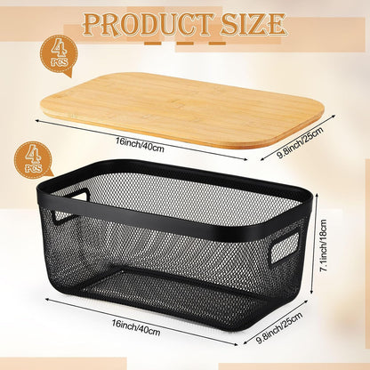 Sawysine 4 Pcs Metal Mesh Steel Basket with Handles and Bamboo Lids 16 x 9.8 '' Stackable Black Wire Basket Pantry Organization and Storage for Cabinets Shelves Kitchen Harvest