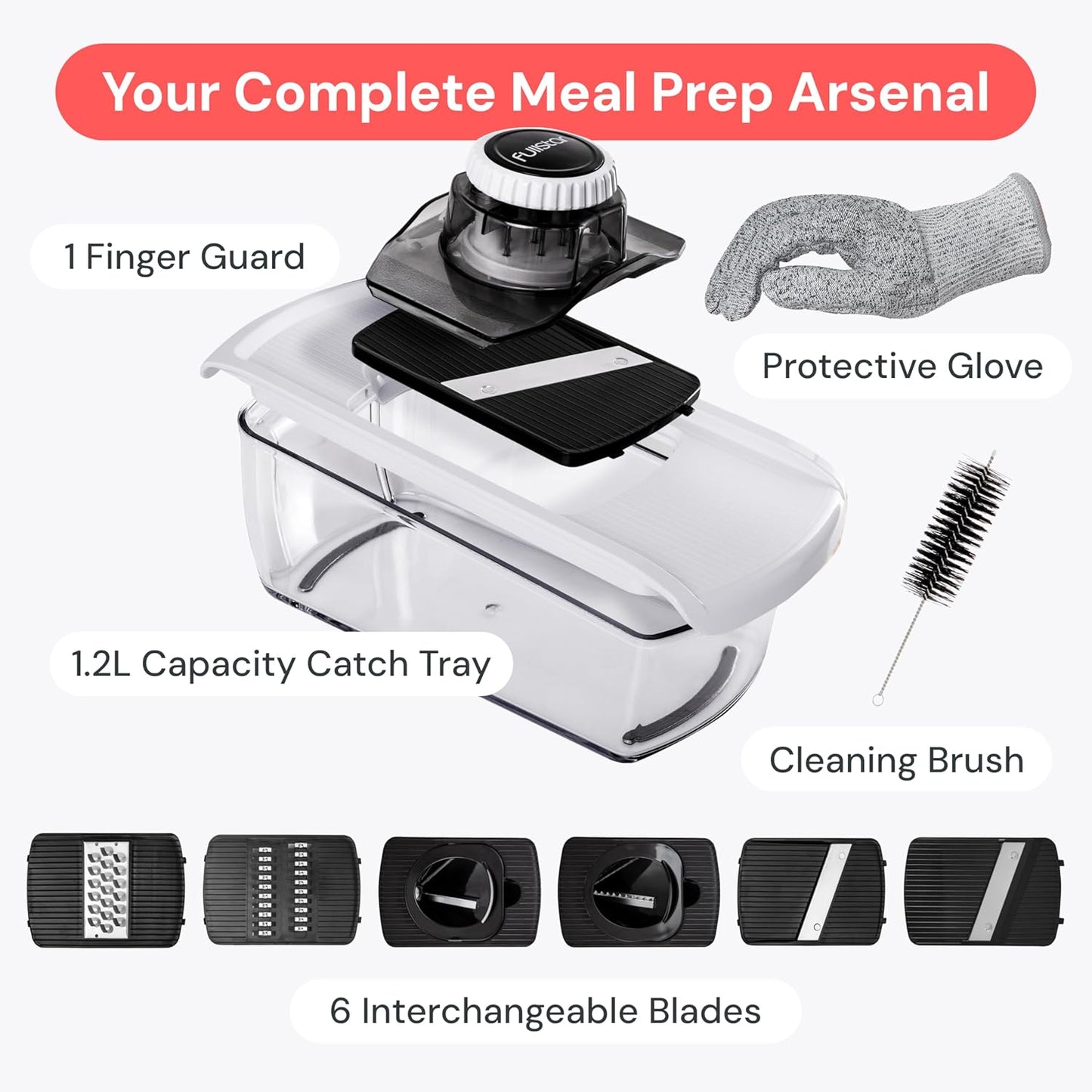 Fullstar Mandoline Slicer for Kitchen, Fruit Cutter, Cheese Grater, Cucumber Slicer, Veggie Spiralizer, Food Cutter & Kitchen Gadgets & Gifts with Safety Glove (11 in 1, White)