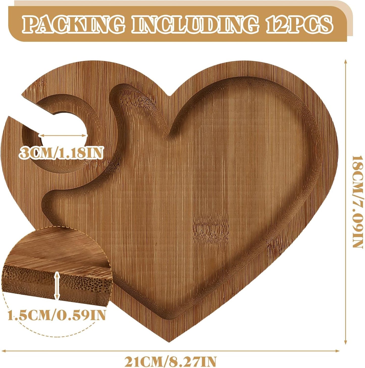 Menkxi 12 Set Wine Appetizer Plates Mini Charcuterie Boards with Wine Glass Holder and Box Gifts for Bridal Shower Game Prizes Wooden Cocktail Cheese Plate for Guests Baby Shower(Heart,Light Color)