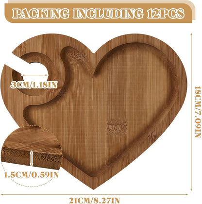 Menkxi 12 Set Wine Appetizer Plates Mini Charcuterie Boards with Wine Glass Holder and Box Gifts for Bridal Shower Game Prizes Wooden Cocktail Cheese Plate for Guests Baby Shower(Heart,Light Color)