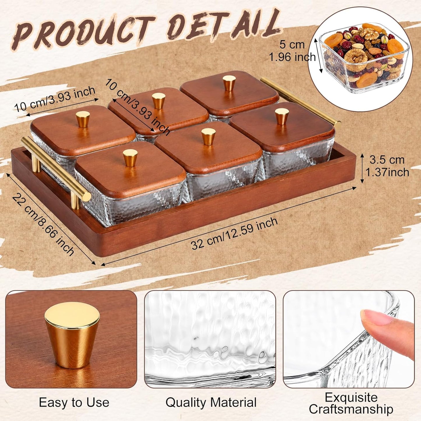 Domensi 6 Glass Snackle Box with Wood Tray and Lids Dry Fruit Container Jars Divided Serving Snack Tray with Gold Handles, Snackle Box Container Platter for Candy, Condiments Home Entertaining