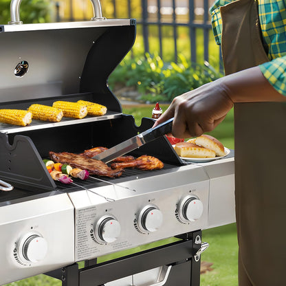 3-Burner Propane Gas Grill, 30,000 BTU Stainless Steel Outdoor BBQ Grill with Lid, Side Shelves & Wheels for Patio, Garden and Backyard Cooking