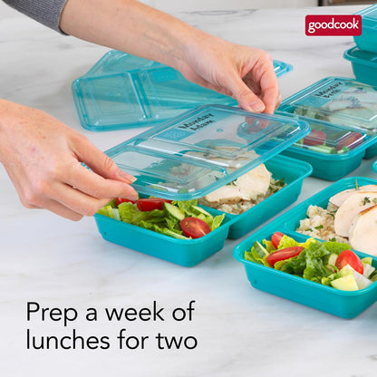 GoodCook Meal Prep Rectangle Two Compartment 20-Piece, Teal, Made without BPA