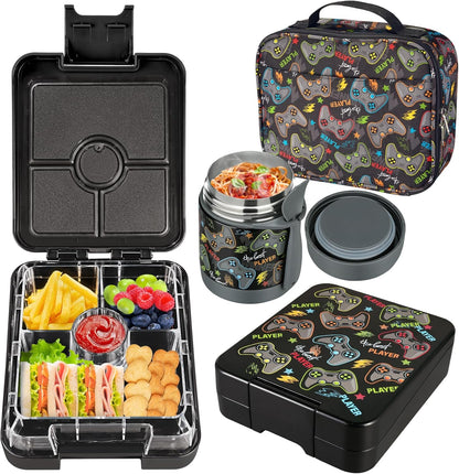 Bento Lunch Box Set for Kids with 10oz Soup Thermo, Leak-Proof Lunch Containers with 4 Compartment, Kids Thermo Hot Food Jar and Insulated Lunch Bag for Kid to School,BPA-Free(Dragon)