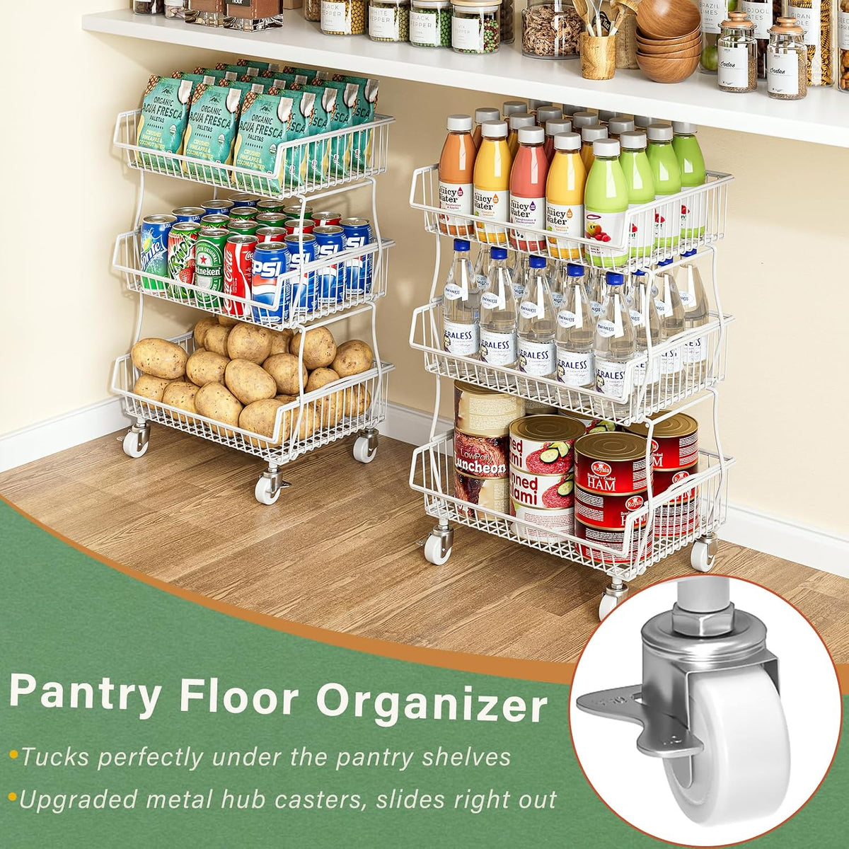 OKZEST 3-Tier Rolling Pantry Floor Organizer and Storage Cart with Wheels, Stackable Wire Pantry Baskets for Pantry Shelves, Kitchen Storage Rack and Fruit Basket Stand for Fruit Snack Onion Potato