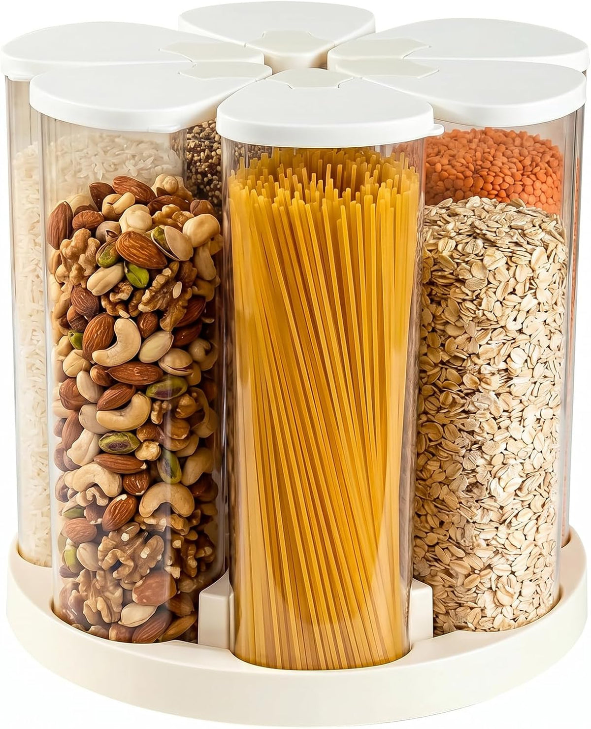 6 Grids 360° Rotating Cereal Dispenser Countertop - 7 lbs Rice Dispenser for Pantry Kitchen - Small Food Storage Containers Set with Lids - Grain Cereal Storage Container for Oats, Flour, Bean