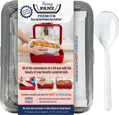 Fancy Panz Red Premium Aluminum Foil Pan Carrier with Secure Latch Lid - Reusable Casserole Carrier for Half Size Pans - Food Transport Holder for Potlucks, Parties, Tailgates & Entertaining