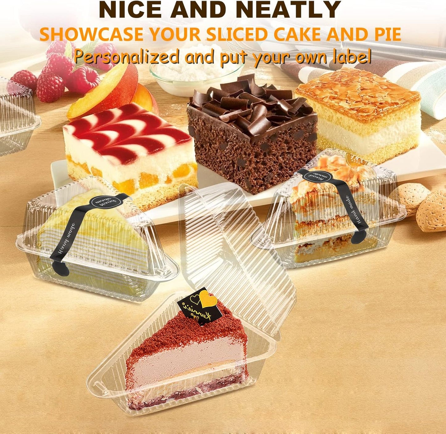200 Pcs Thickened Cake Slice Containers with Lids Clear Plastic Hinged Cheesecake Containers Individual Disposable Triangle Cake Boxes for Pie Slice Cheesecake, Tres Leches, Flan, Desserts
