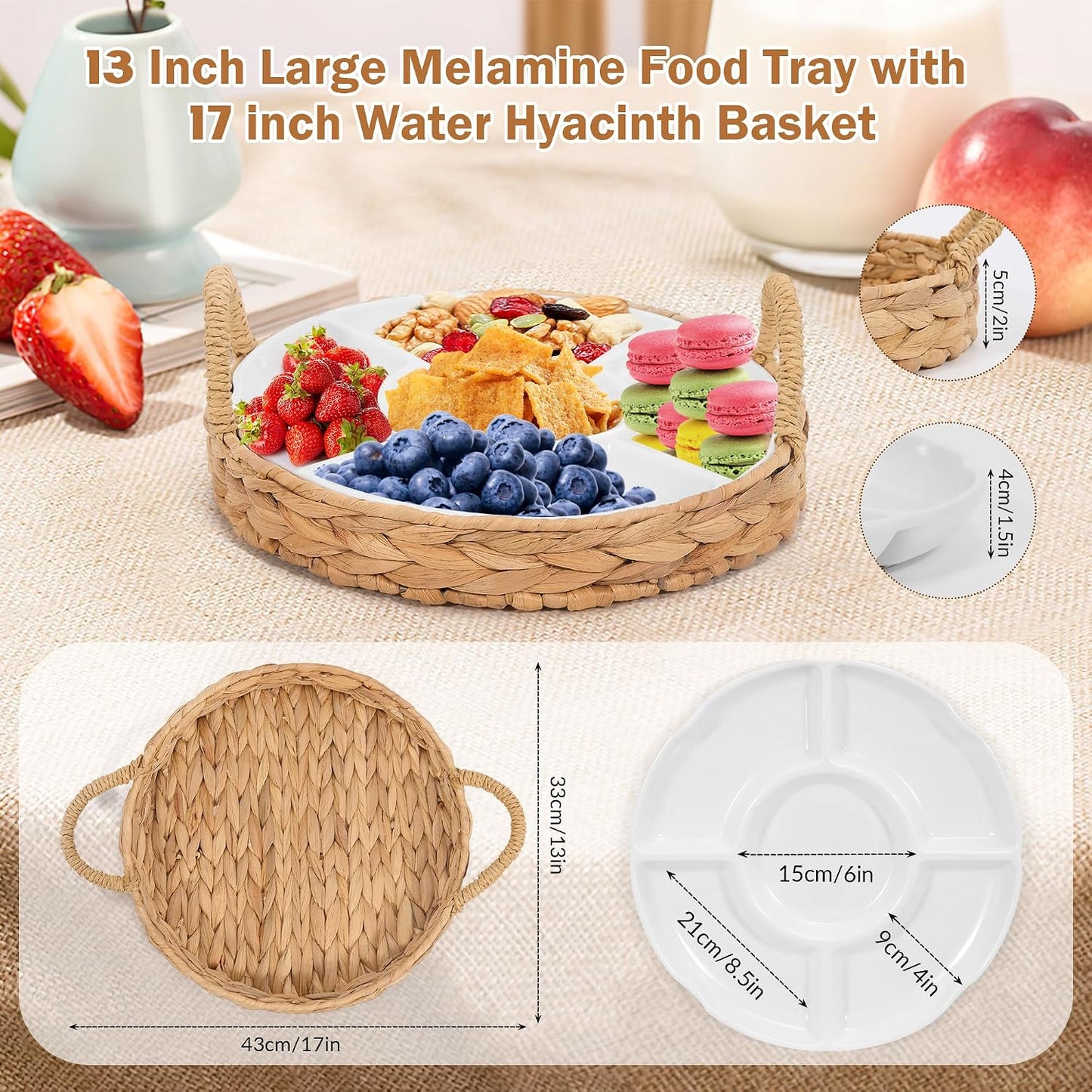 GENMOUS Chips and Dip Serving Tray, 13" Divided Serving Trays for Fruit Dips Candy, Water Hyacinth with 5 Sectional Melamine Appetizer Relish Trays for Party