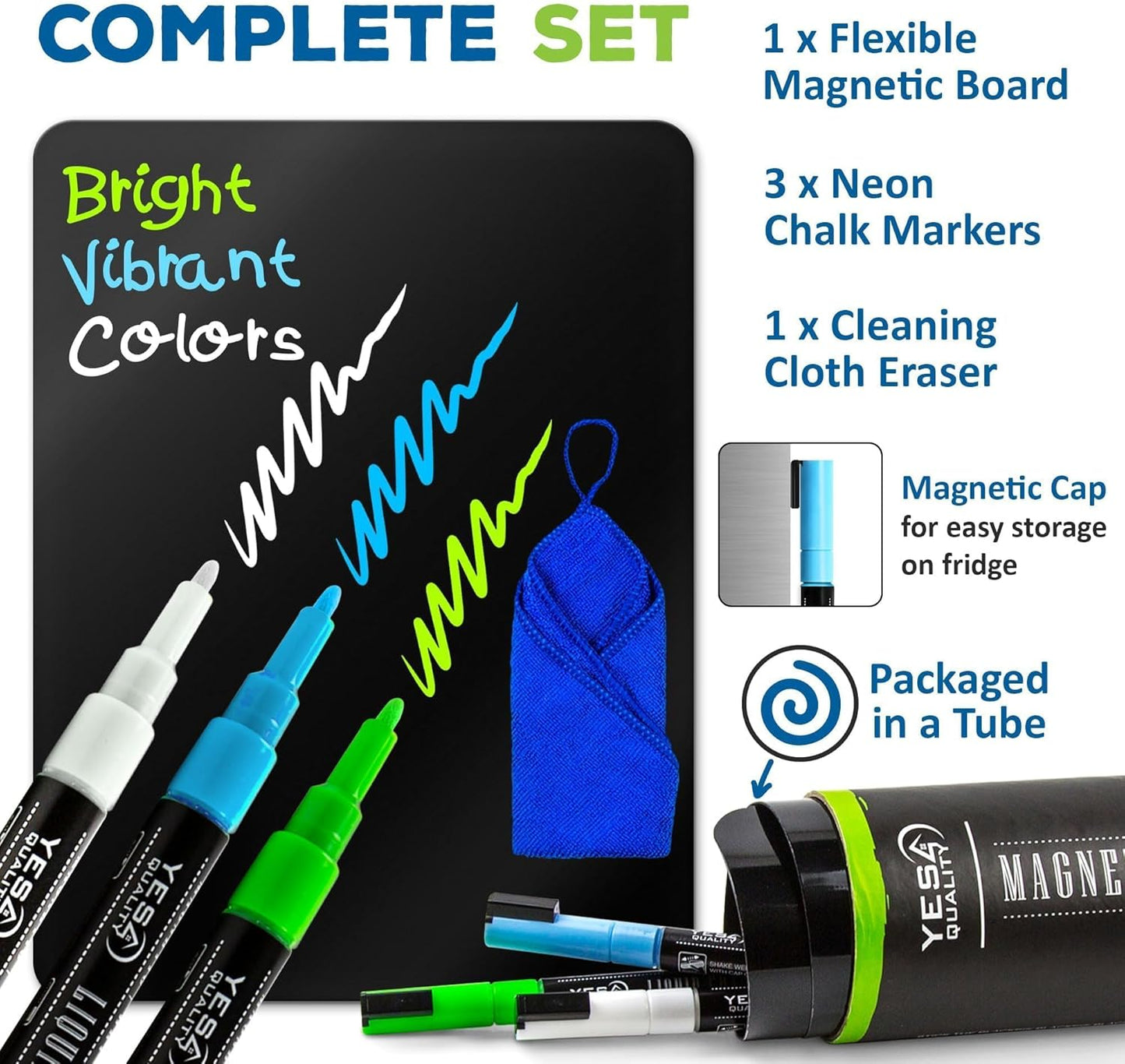 Magnetic Black Dry Erase Board for Fridge (12 x 8 inch), Stain-Resistant w/ 3 Magnetic, Fine-Tip Neon Chalk Markers & Eraser by Yes4Quality