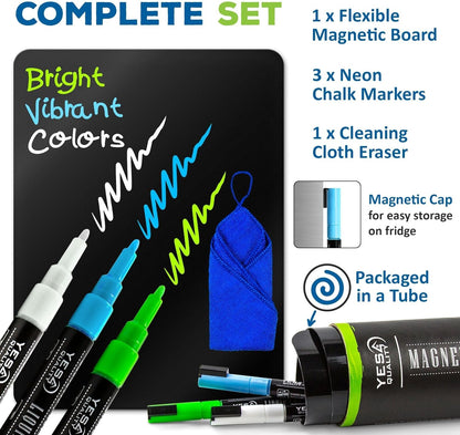 Magnetic Black Dry Erase Board for Fridge (12 x 8 inch), Stain-Resistant w/ 3 Magnetic, Fine-Tip Neon Chalk Markers & Eraser by Yes4Quality
