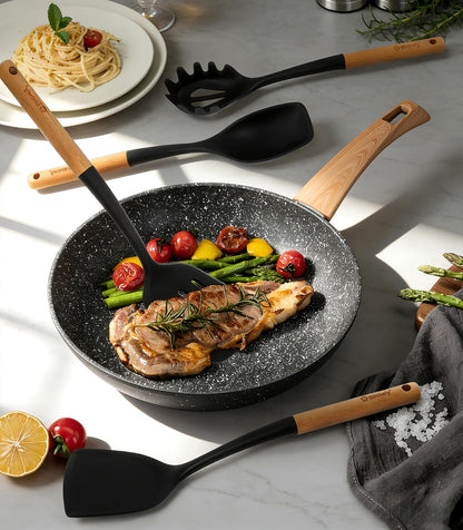 Large Silicone Kitchen Utensils Set, 6 PCS Nonstick Cooking Utensils Set with Wooden Handle, Heat Resistant and BPA Free Silicone Utensil Spatula Set for Cooking with Turner, Spoon and Ladle(Black)