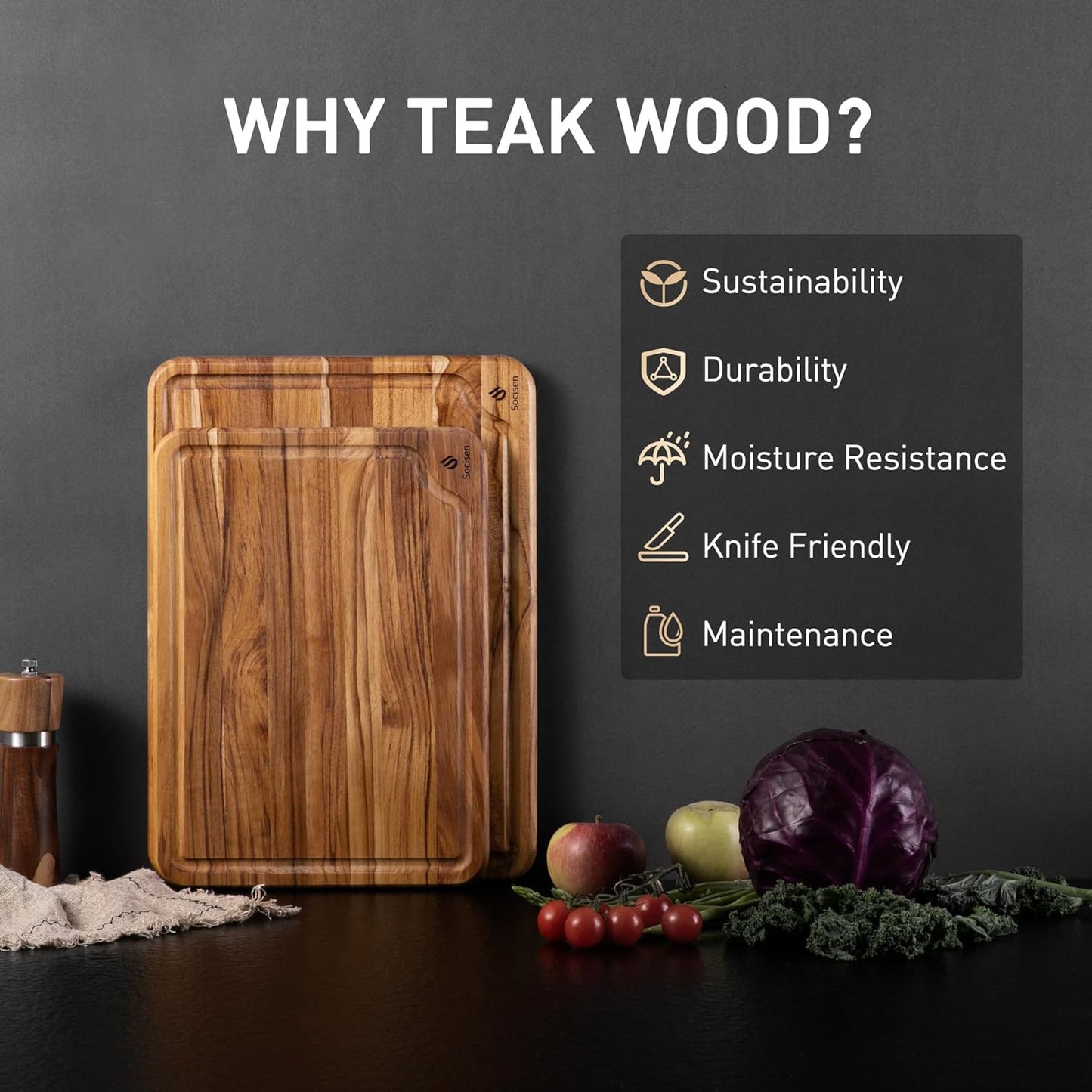 4 Pack Teak Wood Cutting Board Set for Kitchen Heavy Duty Non Toxic Non Slip Solid Thick Wood Haus Chopping Board Extra Large Big Small Meat Best Essential House Warming Hostess Host Gift