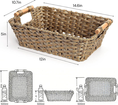 2 Pack Brown Wicker Storage Basket, Metal Frame Hand Woven Organizer Bin with Handle, 14.6"L x 10.7"W x 5"H Waterproof Rattan Laundry Organizer Totes for Pantry, Living Room, Bathroom
