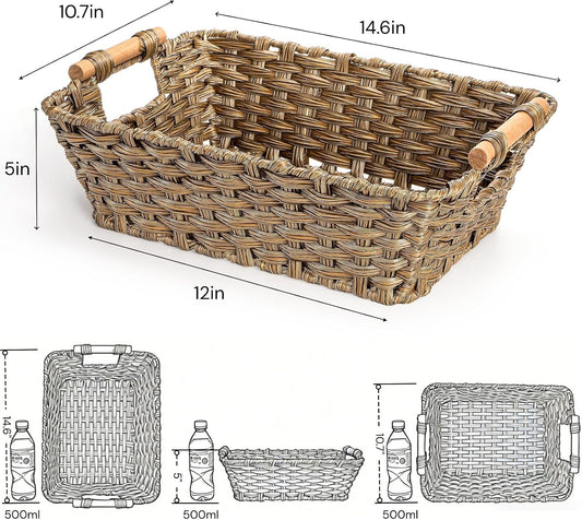 2 Pack Brown Wicker Storage Basket, Metal Frame Hand Woven Organizer Bin with Handle, 14.6"L x 10.7"W x 5"H Waterproof Rattan Laundry Organizer Totes for Pantry, Living Room, Bathroom