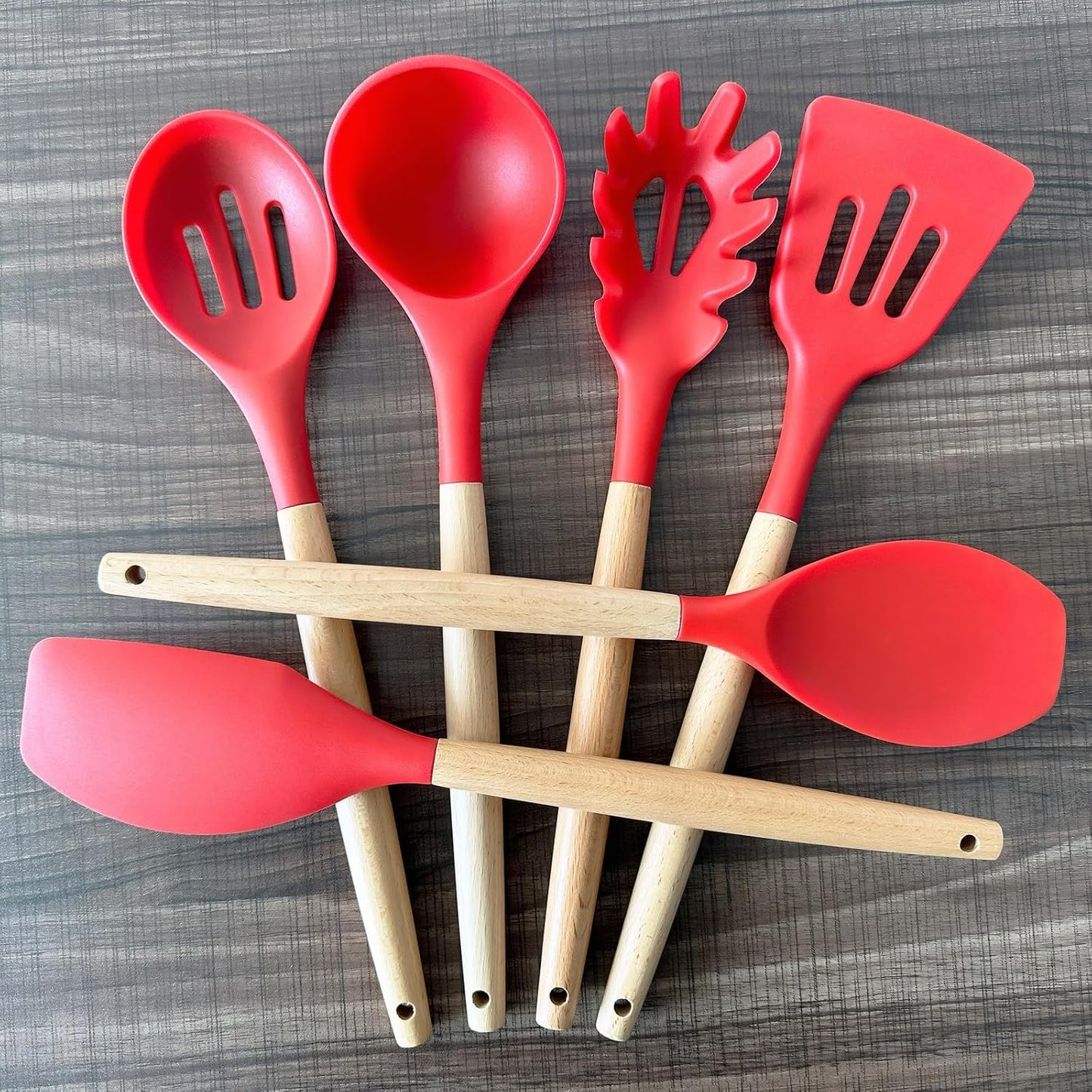 Kitchen Cooking Utensils Set, 6Pcs Silicone Kitchen Utensils Set Spatula Spoon Soup Ladle Turner, Heat Resistant Wooden Handle Silicone Cooking Gadgets for Nonstick Cookware & Baking BPA FREE