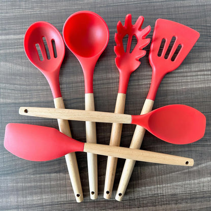 Kitchen Cooking Utensils Set, 6Pcs Silicone Kitchen Utensils Set Spatula Spoon Soup Ladle Turner, Heat Resistant Wooden Handle Silicone Cooking Gadgets for Nonstick Cookware & Baking BPA FREE