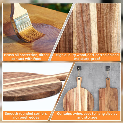 Hsei 2 Pcs Acacia Wood Cutting Board with Handle Wooden Charcuterie Board Large Paddle Carving Chopping Set Butter Serving Tray for Cheese Meat Fruit Pizza Bread(Vintage Style, 16x12, 17x13 Inch)