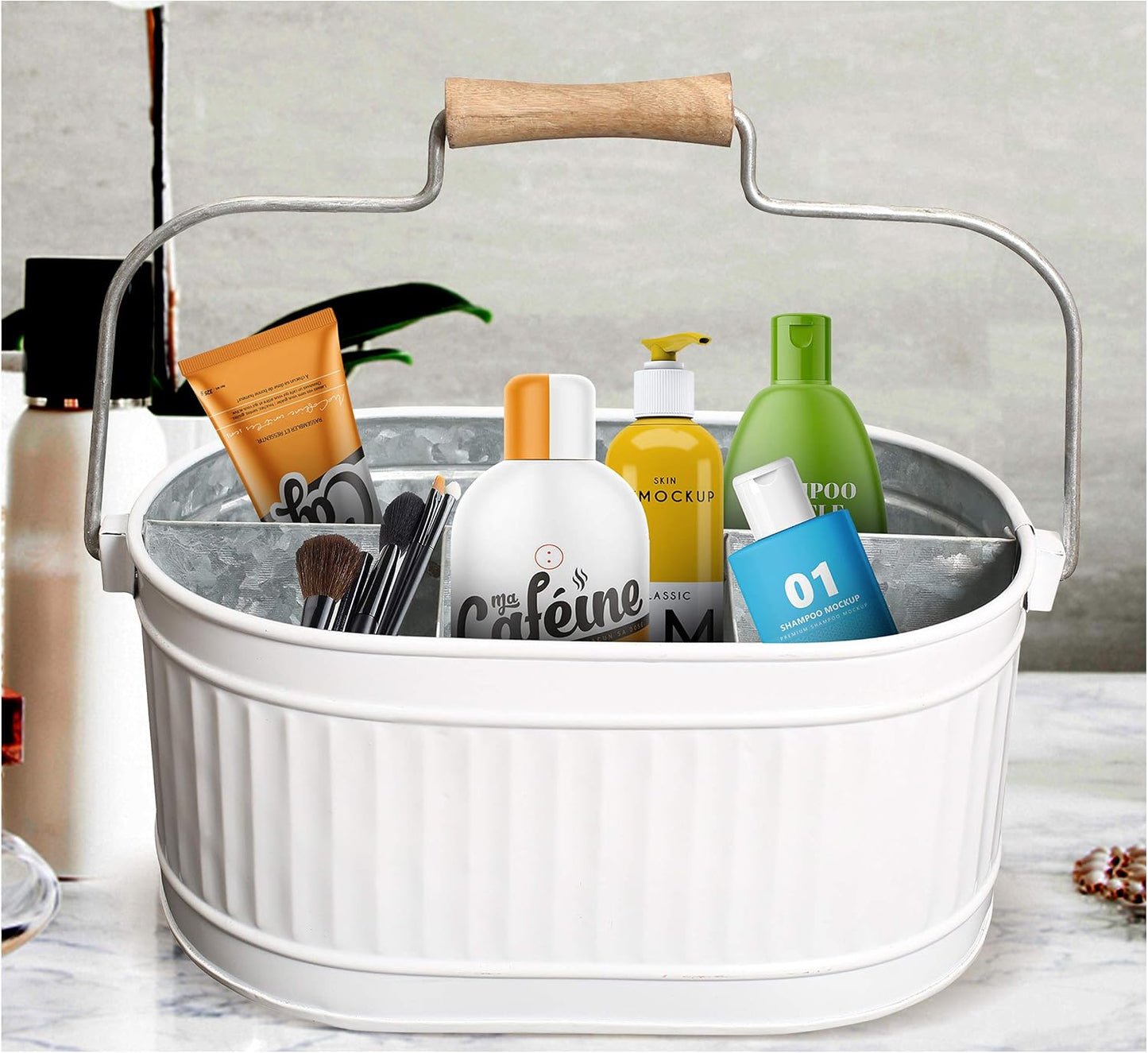 Alpha Living Home Galvanized Metal Utensil Caddy - Rustic Farmhouse Organizer Metal Garden Caddy with 4 Compartments and Wooden Handle for Kitchen, Buffet & Outdoor Events (Silver)