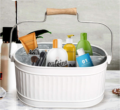 Alpha Living Home Galvanized Metal Utensil Caddy - Rustic Farmhouse Organizer Metal Garden Caddy with 4 Compartments and Wooden Handle for Kitchen, Buffet & Outdoor Events (Silver)