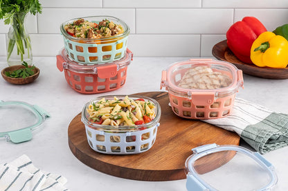 Ello Duraglass 3.4 Cup Meal Prep 10Pc,Set,Glass Food Storage Container with Silicone Sleeve and Airtight BPA-Free Plastic Lids,Dishwasher,Microwave & Freezer Safe,Evening Orchard,5 Count (Pack of 2)