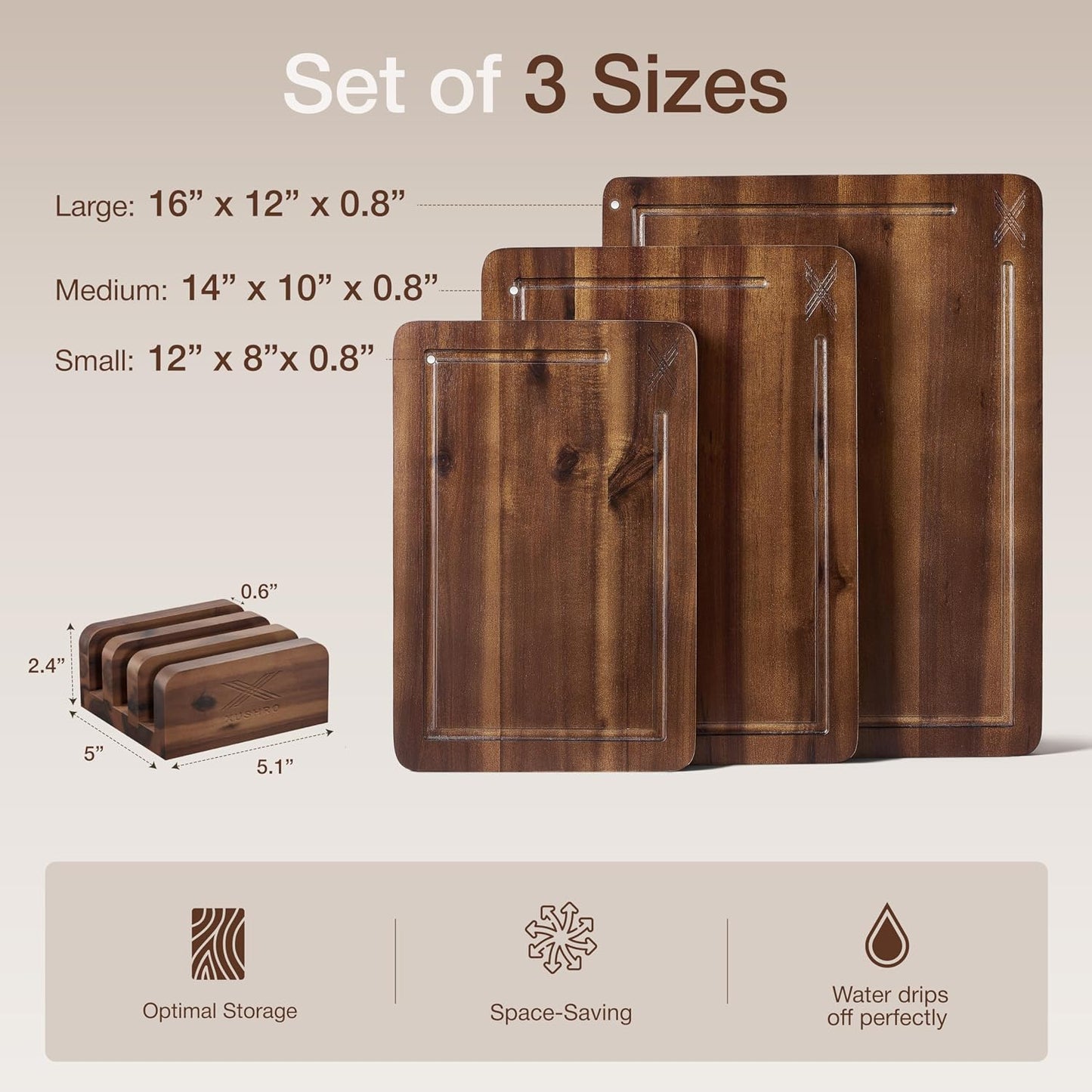 Acacia Wood Cutting Board Set of 3 with Stand - Thick Wooden Chopping Boards with Deep Juice Grooves - Non-Slip & Durable Wooden Boards for Meat & Vegetables (16x12, 14x10, 12x8) - Natural