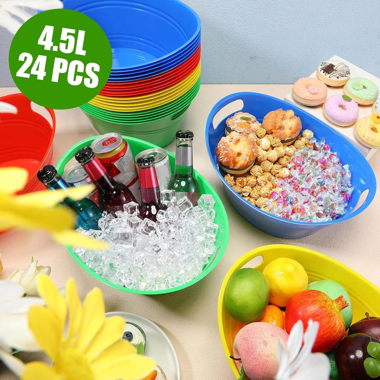 Norme 24 Pcs Oval Storage Tub with Handles, 4.5l Plastic Ice Buckets Bulk for Wine Beer Champagne Drink Cooler Beverage Storage Tub for Parties BBQ Weddings Party Outdoor Celebration(Blue & Red)
