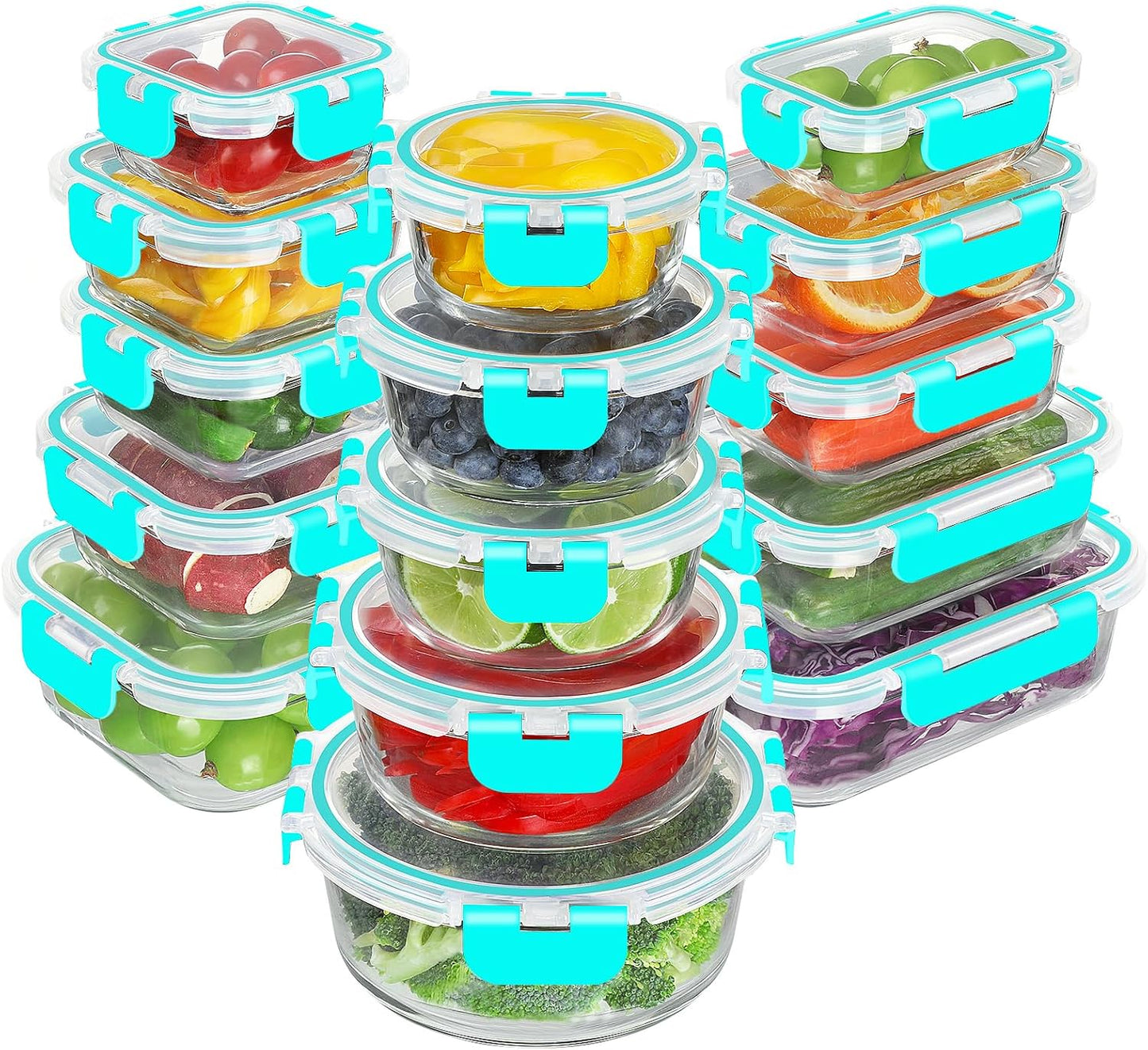 BAYZZ 30 Piece Glass Food Storage Containers Set, Glass Meal Prep Containers with Lids, Airtight Lunch Box, BPA-Free, Microwave, Freezer & Dishwasher Safe