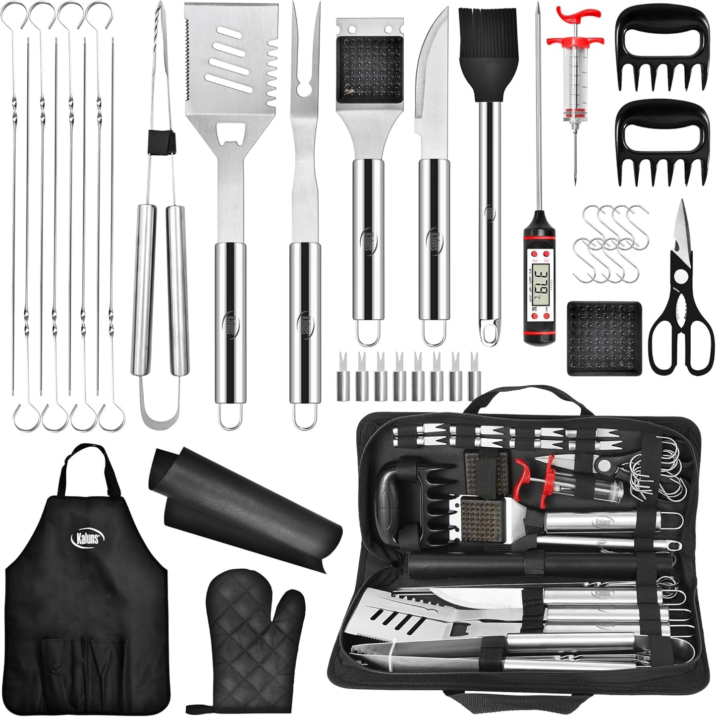 Kaluns Grilling Accessories, Dad Gifts for Fathers Day, Heavy Duty Stainless Steel Grill Set BBQ Grill Accessories for Outdoor Grill with Meat Thermometer, Case and Apron