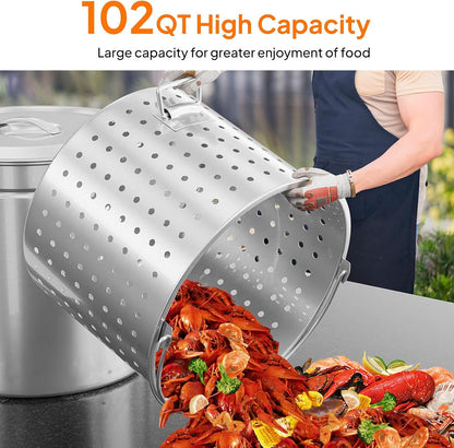 Bonnlo 30QT Aluminum Stock Pot for Boiling Seafood, Crawfish & Crab, Frying Turkey & Steaming Tamales, Large Boil Pot with Strainer Basket, Lid, Lifting Hook & Steamer Rack for Outdoor Cooking