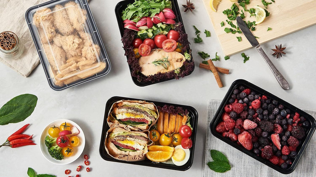 FULING 32 oz 50 ct Round Meal Prep Containers with Lids Plastic Food Storage Lunch Plan To Go Box Disposable Take Out Bowls Black BPA Free Reusable Durable Stackable Microwave Freezer Dishwasher Safe