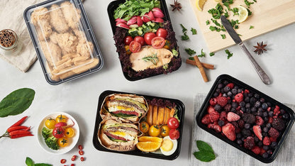 FULING 32 oz 50 ct Round Meal Prep Containers with Lids Plastic Food Storage Lunch Plan To Go Box Disposable Take Out Bowls Black BPA Free Reusable Durable Stackable Microwave Freezer Dishwasher Safe