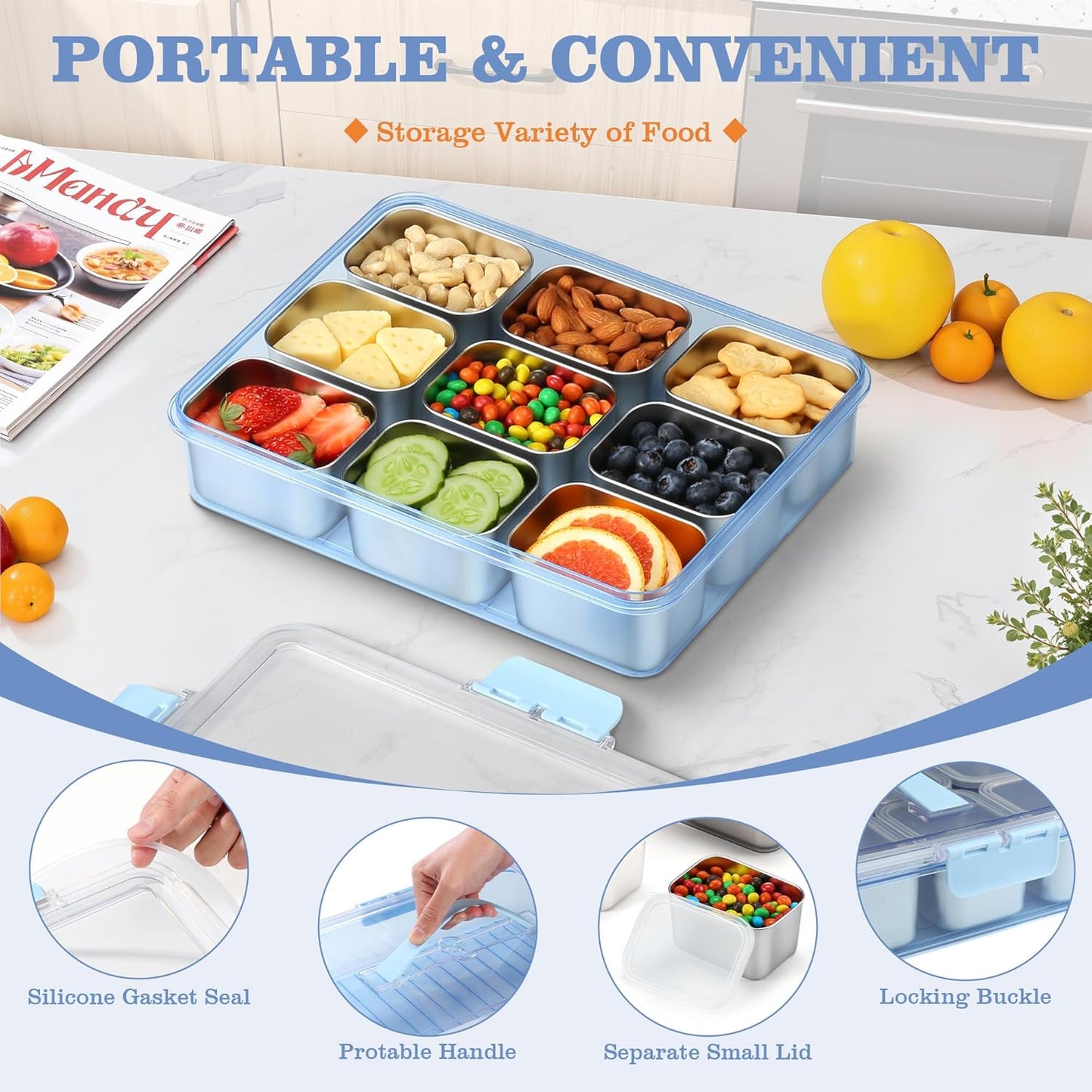 Snackle Box Container, Stainless Steel Snack Containers for Adults, 9 Compartments Divided Serving Tray with Lids and Handle, Portable Snack Platter for Parties, Grey