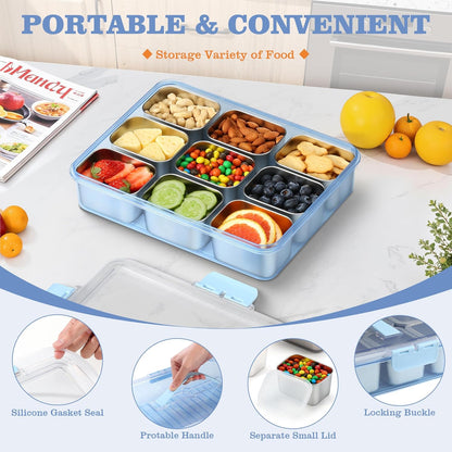 Snackle Box Container, Stainless Steel Snack Containers for Adults, 9 Compartments Divided Serving Tray with Lids and Handle, Portable Snack Platter for Parties, Grey