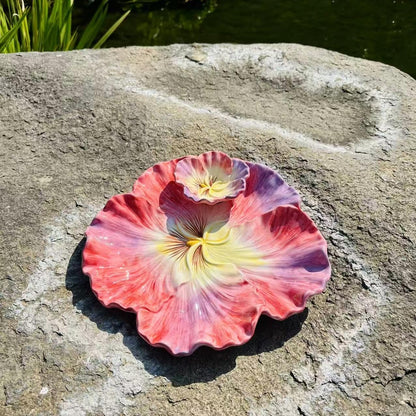 11 Inch Ceramic Chip & Dip Serving Tray | Double Layer Hand-Painted Coral Pansy Plate | Divided Appetizer Platter for Salsa, Veggies & Snacks
