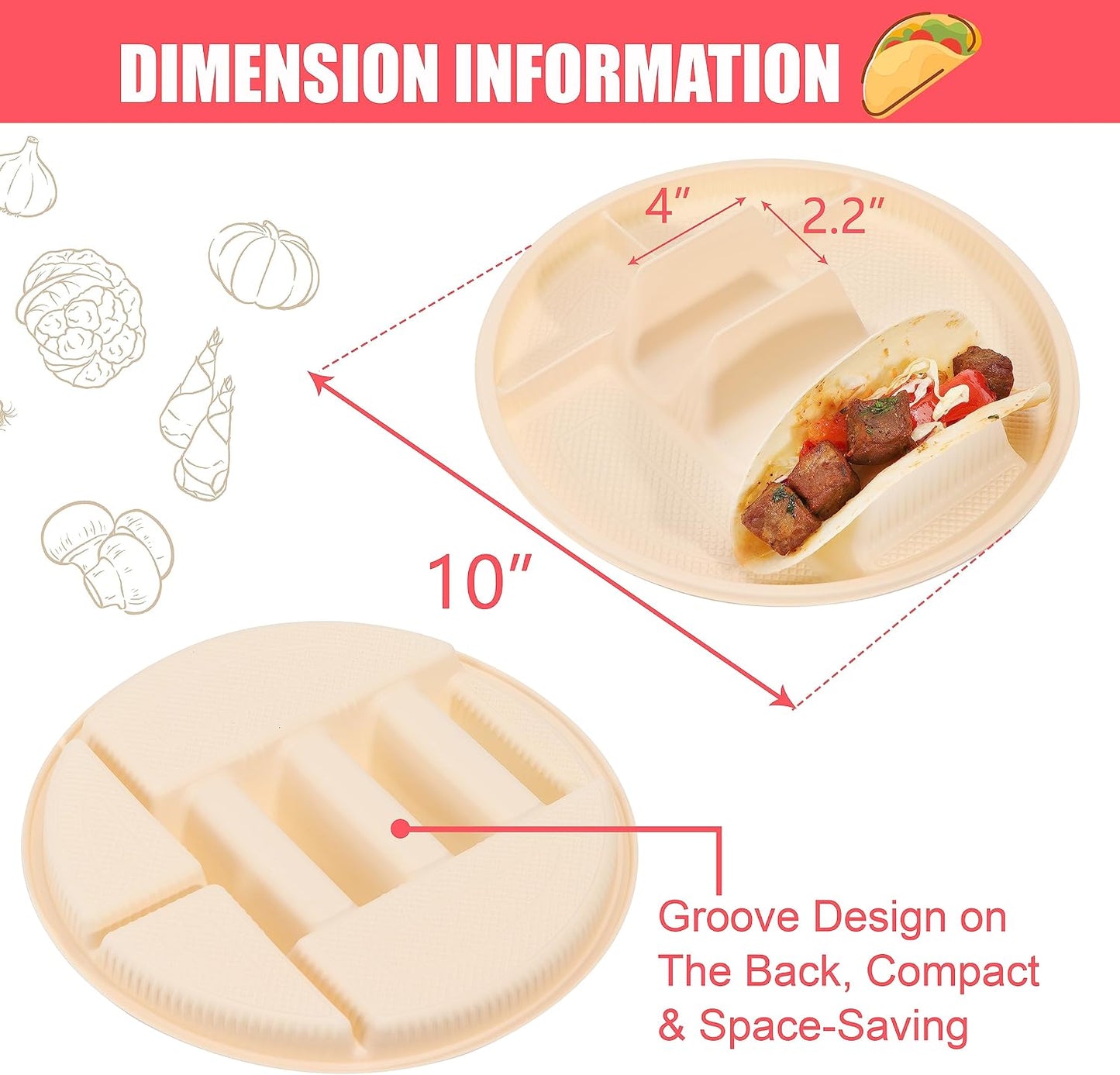Small Disposable Taco Plates With Dipping Sides - 50 Pack, Biodegradable Cornstarch Taco Holder, Mini Size Fit 4-6 Inch Street Tortilla Shells, Sturdy & Microwave Safe, Bar Serving Set For A Party