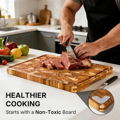 Teak Wood End Grain Cutting Board Set of 2 with Non-slip Feet, Reversible Cutting Boards for Kitchen with Juice Grooves and Handles Non Toxic Chopping Board Butcher Block Serving Tray Kitchen Gift