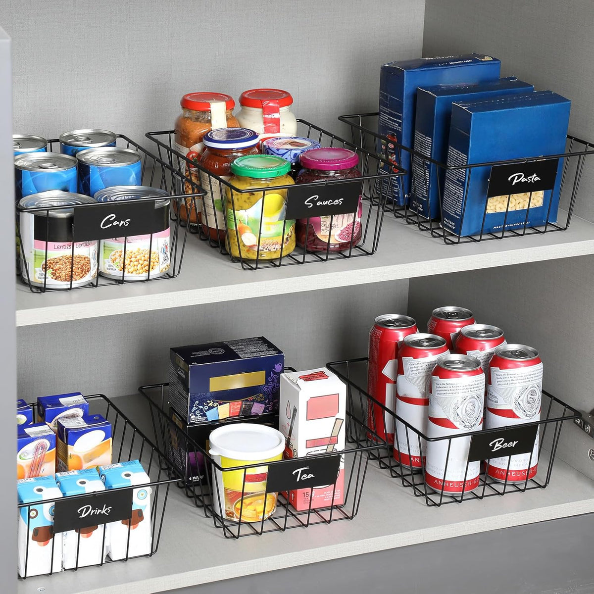 6 Pack Wire Baskets for Pantry Organization and Storage, Kitchen Organizer, 2 XXLarge & 2 XLarge & 2 Large