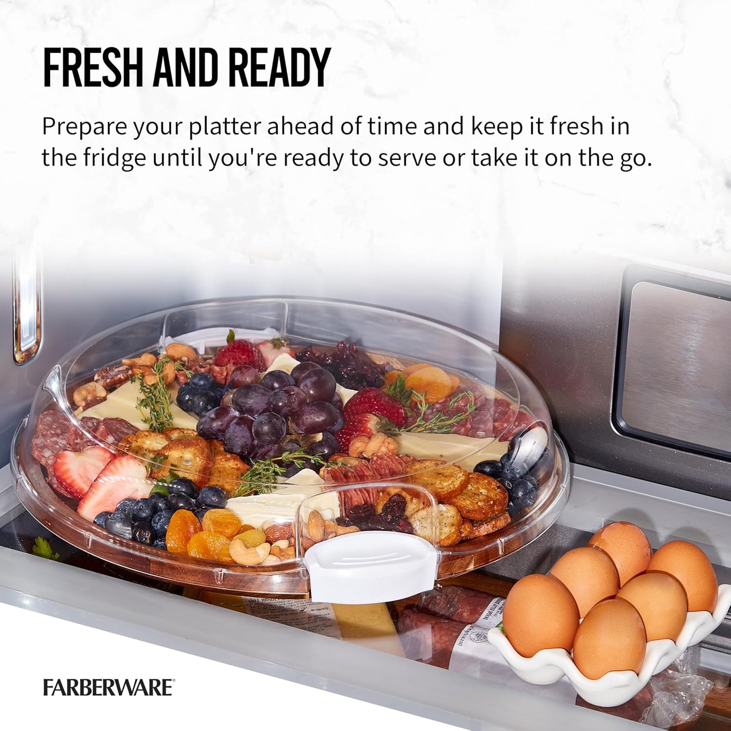 FARBERWARE Build-a-Board Cutting Board with Lazy Susan Turntable, Five Compartments, and Clear Locking Lid for Charcuterie, Snacks, and More, Acacia