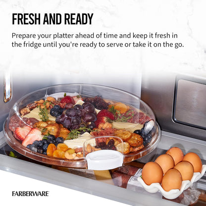 FARBERWARE Build-a-Board Cutting Board with Lazy Susan Turntable, Five Compartments, and Clear Locking Lid for Charcuterie, Snacks, and More, Acacia