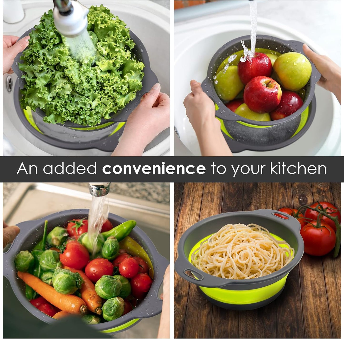 Colanders & Food Strainers with Bowl [Collapsible 3 piece Set Green] Kitchen Essentials for Draining Pasta, Washing Fruits and Vegetables, 7.9'' x 3.3'', 9.4'' x 3.5'', 11.4'' x 3.5'' (A101)