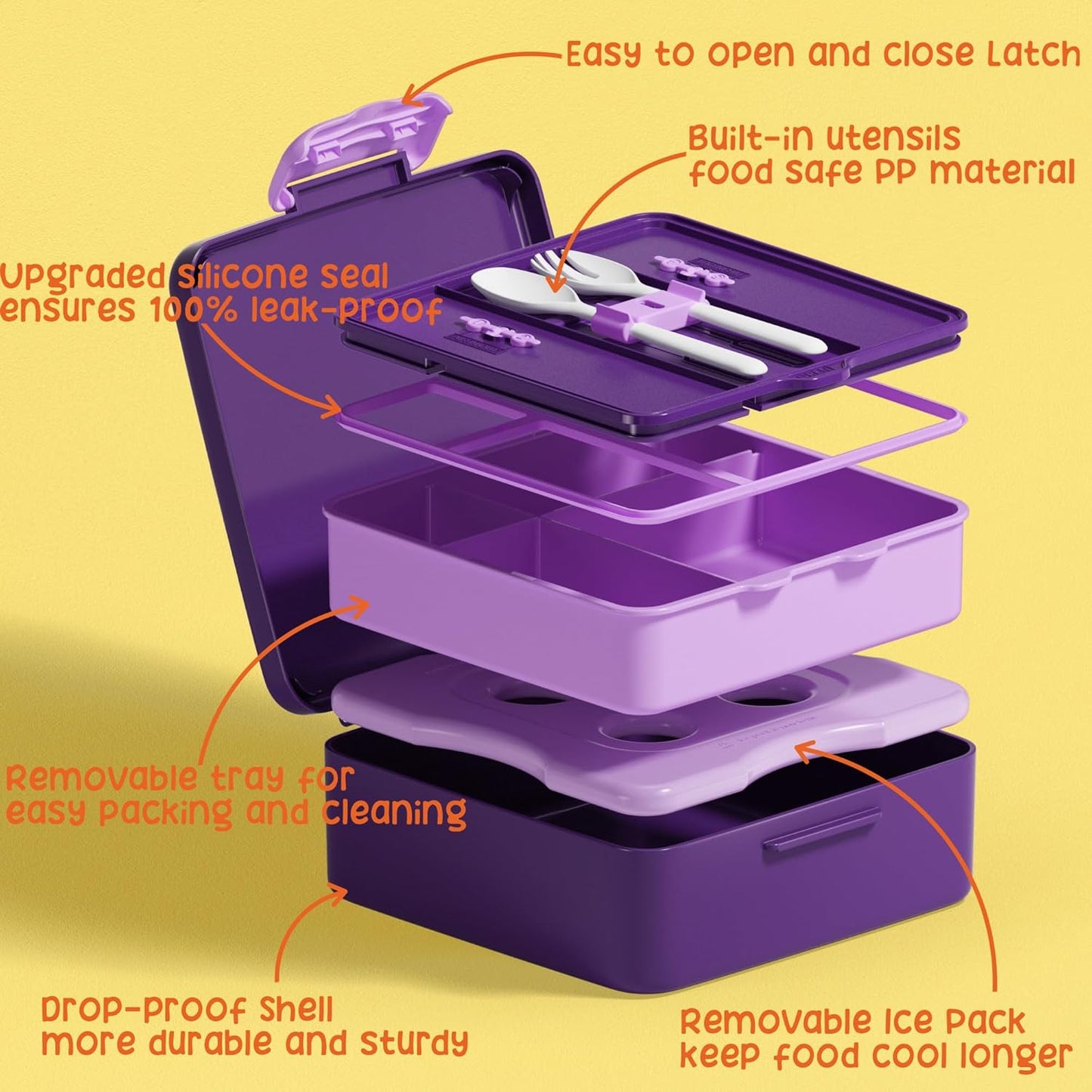 Fimibuke Chill Bento Box for Kids Adult, Leak Proof Toddler Lunch Box with Ice Pack Keep Food Cold, BPA Free 4 Compartment Lunch Container with Utensils for Girl Boy School, Microwave Dishwasher Safe