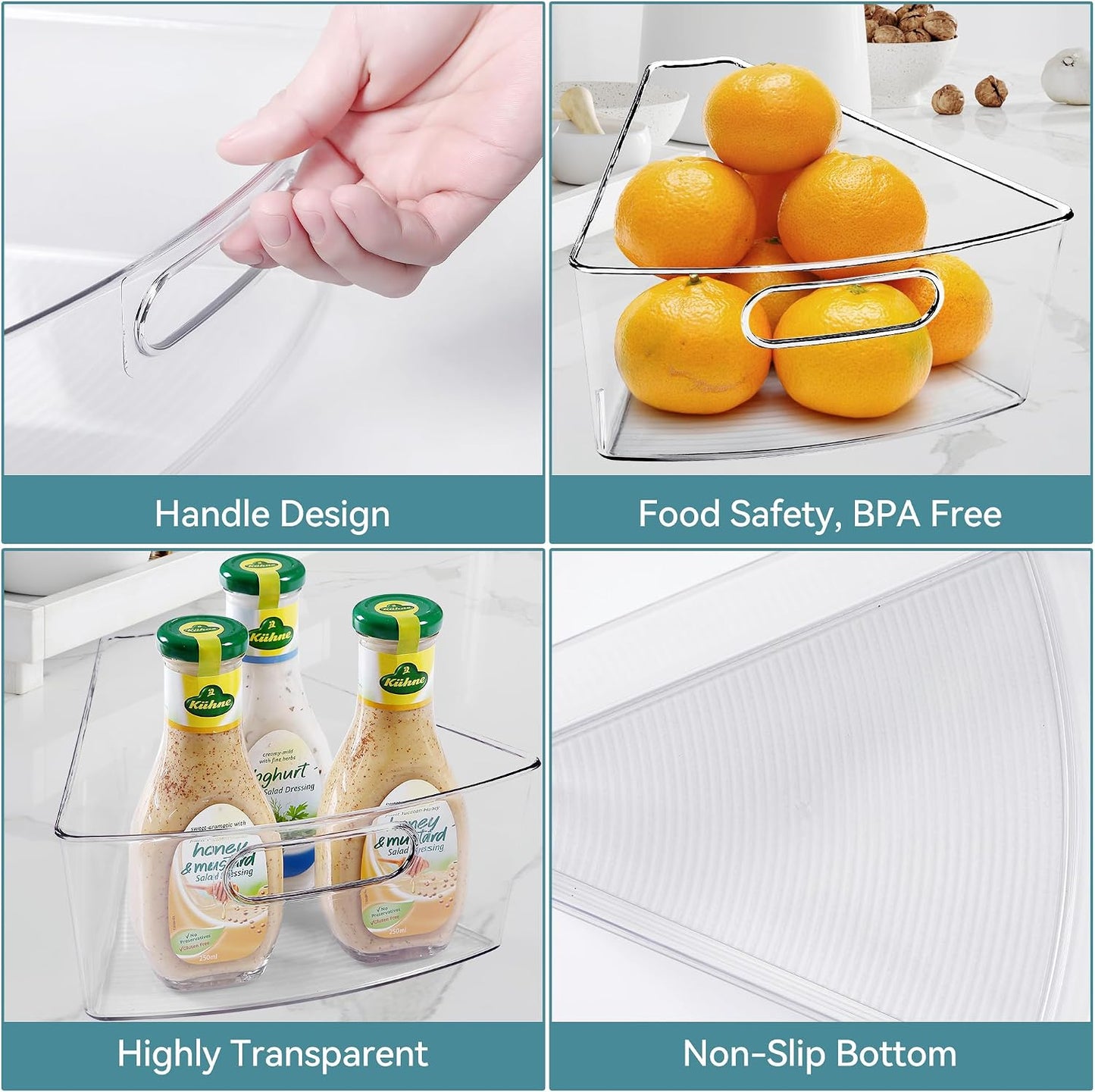 Oubonun Lazy Susan Organizers Set of 6, 11.6’’ x 10.2’’ x 4.1’' Plastic Transparent Kitchen Cabinet Storage Bins with Handle, 4.1" Deep Container, 1/8 Wedge - Food Safe, without BPA