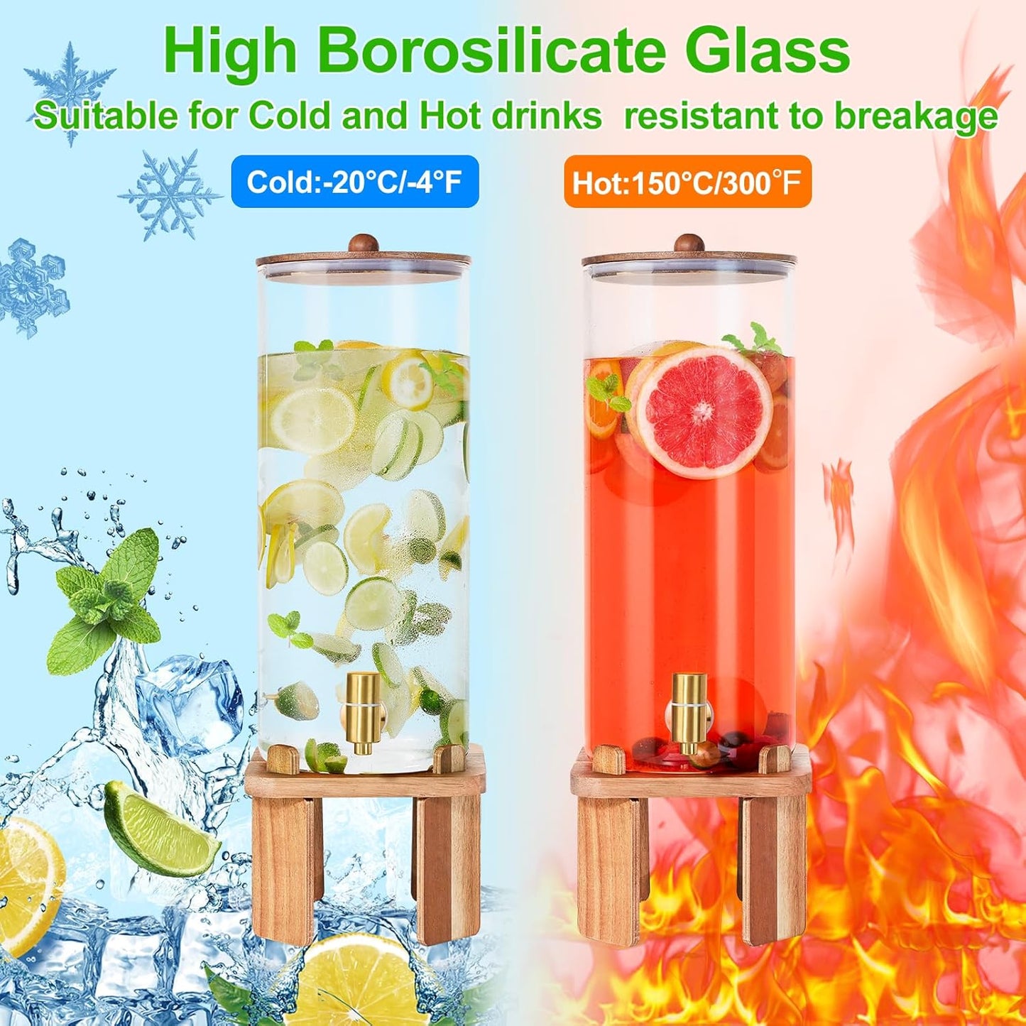2 Gallon Large Drink Dispenser for Parties,Glass Beverage Dispenser with Stand,Glass Water Dispenser with Airtight Valve,Lemonade Dispenser for Fridge,Water, Juice,Punch,Cocktails,Ice Tea & Sun Tea-8L