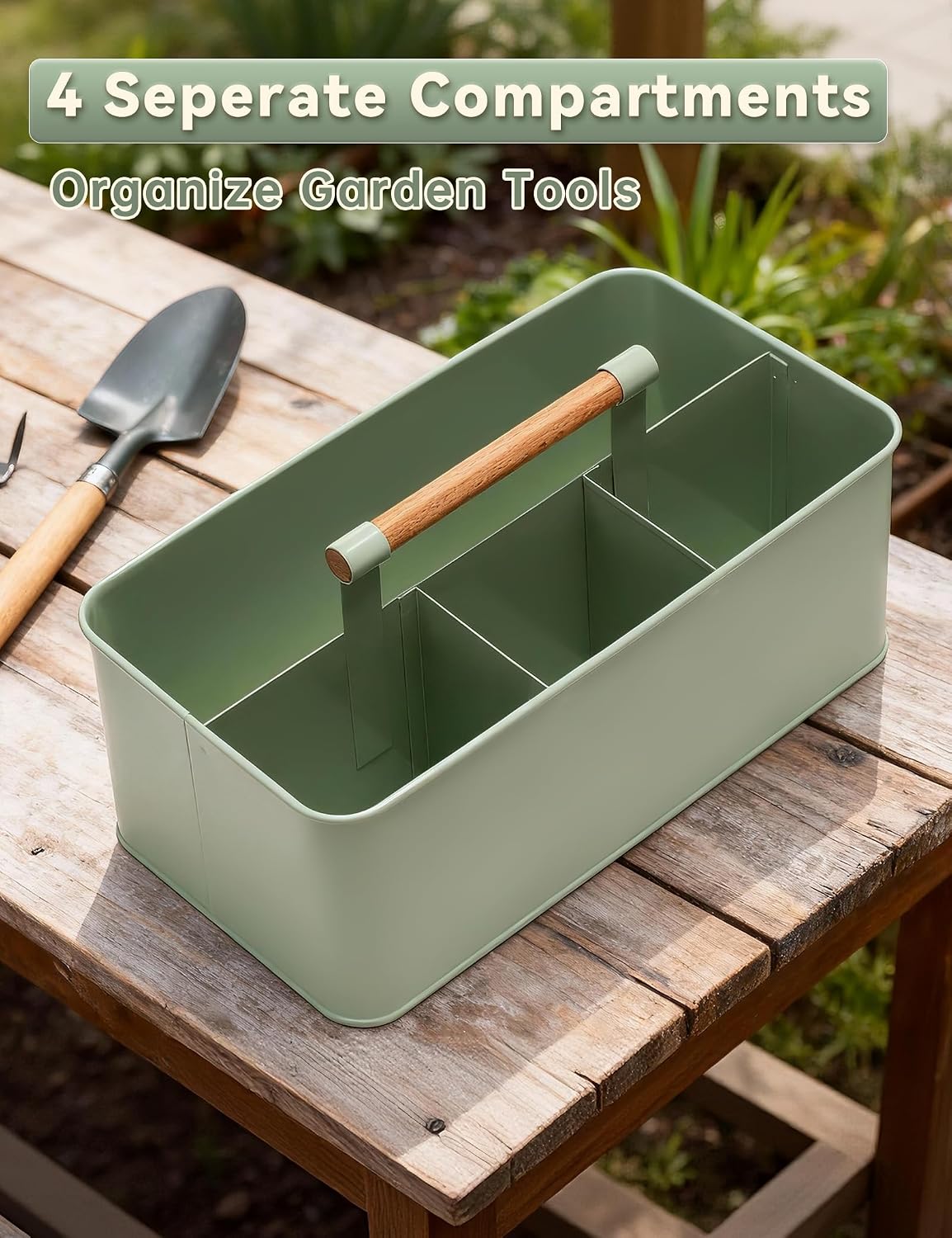 Caddy Organizer with Wooden Handle, Metal Utensil Caddy with 4 Compartments, Picnic Caddy Paper Plate Organizer Utensil Holder for Party