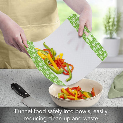 Cut N' Funnel Non-Slip Flexible Plastic Cutting Board Mat 4 Pack, Made in the USA Clear with Brightly Patterned Food Type Borders BPA Free 16" by 12"