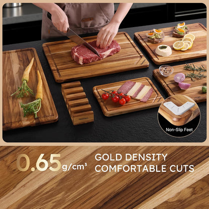 3 Pack Teak Wood Cutting Board Set with Holder Non Slip Over Sink Wooden Chopping Board for Fresh Meat Vegetable Thick Haus Perfect for Charcuterie Juice Groove Kitchen Accessories - FSC Certified