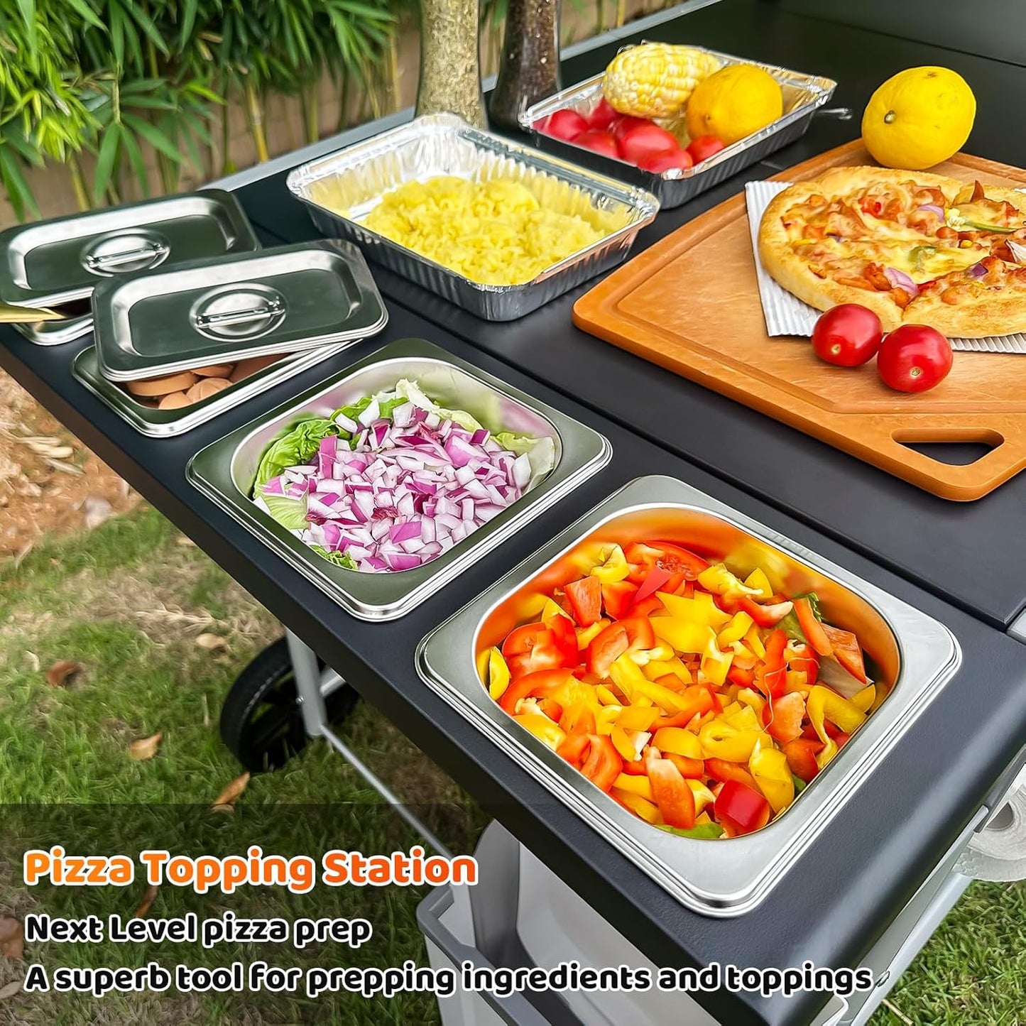 Upgraded Pizza Oven Cart Table for Ooni Koda/Karu/Fyra 16 & 12, Movable Thicken & Widen Rolling Kitchen Cart, Outdoor Grill Stand for Ninja Woodfire,Blackstone Griddle,Barbecue Tool Set
