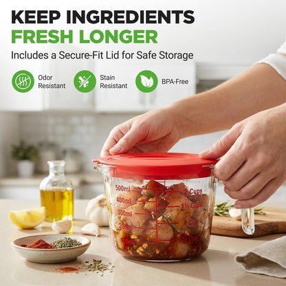 NutriChef 1,2 and 4 Cups Glass Measuring Cup Set with Lids (8, 17 and 34 oz) - Heat-Resistant Borosilicate Liquid Measure Cups with Easy-Read Scale for Cooking, Baking & Food Storage, Dishwasher Safe